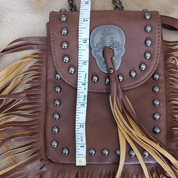 Fringe Crossbody Bag Brown FAUX Leather with Metal La Catrina NWOT - Picture 4 of 7